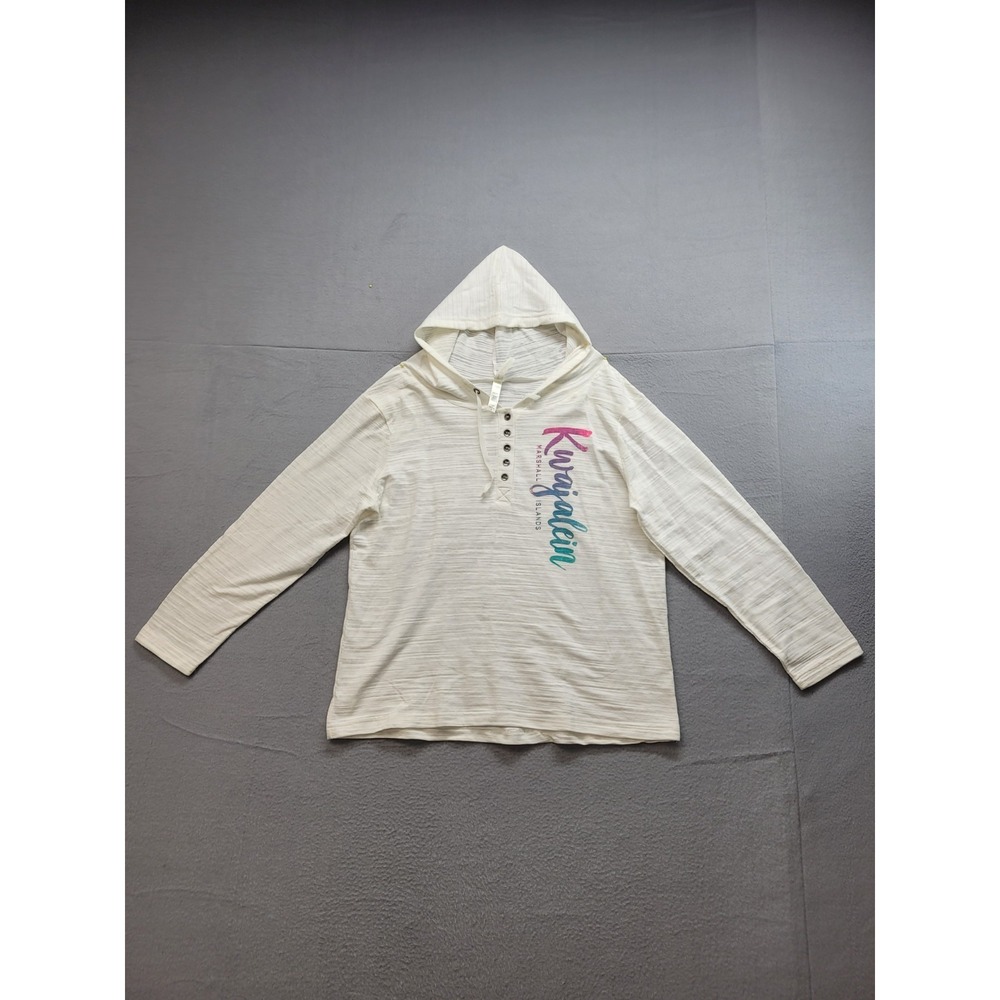 Live Love Ouray Women Sweater L White Kwajalein Print Hoodie Drawstring Button